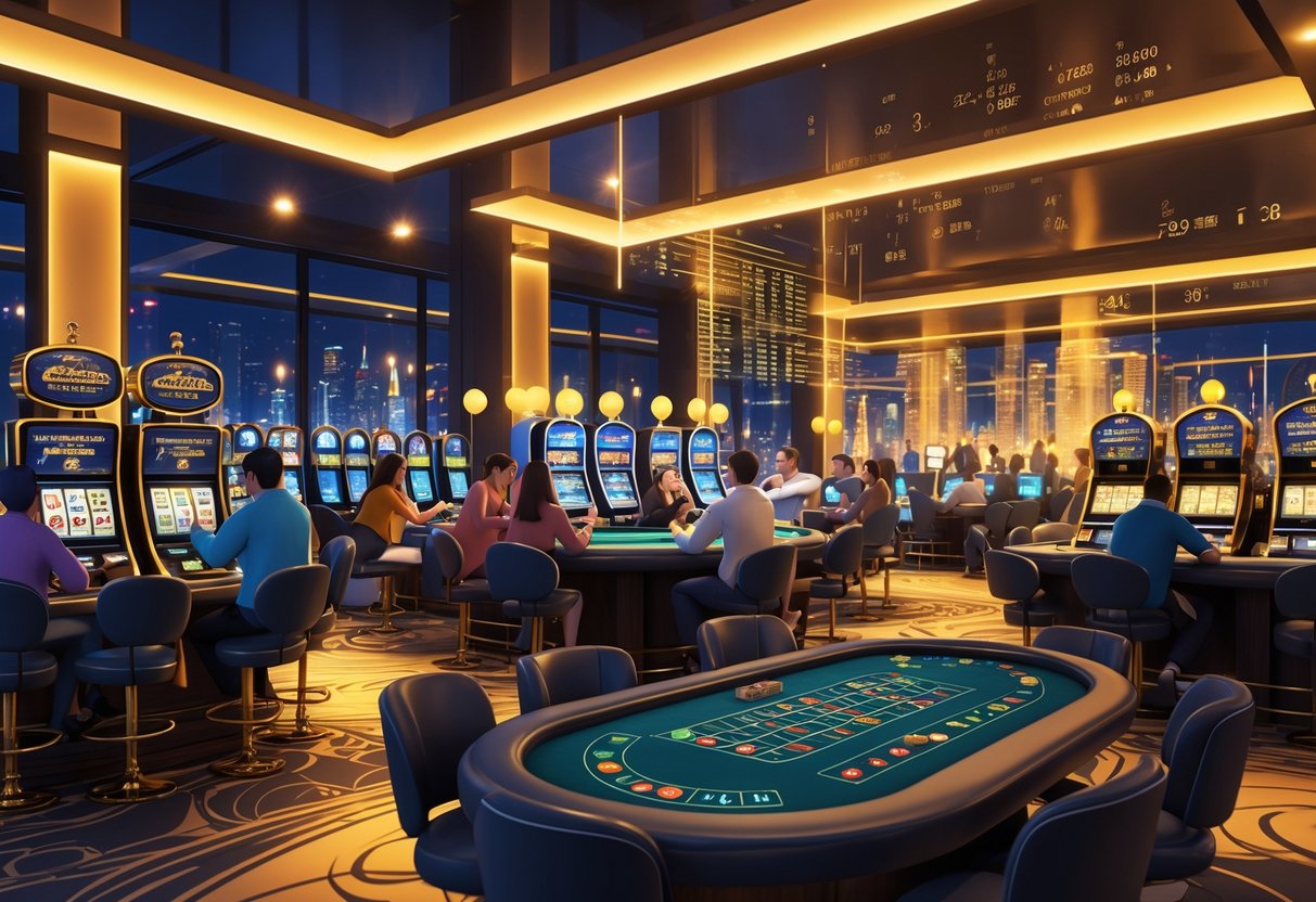 Suasana malam di sebuah lounge kasino dengan pemain yang sedang bermain berbagai permainan dan grafik data mengambang di sekitar mereka.