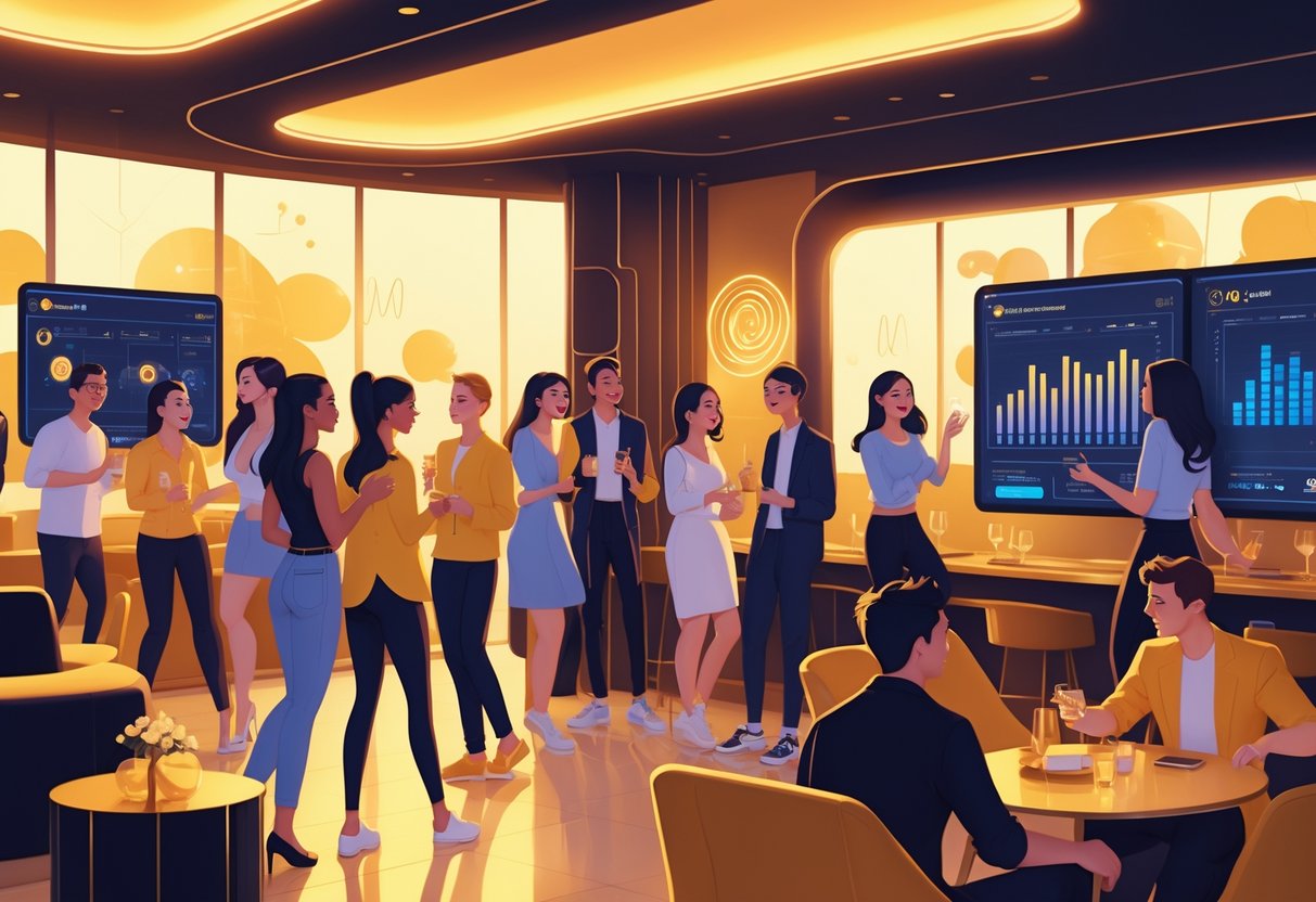 Sekelompok orang sedang berpesta di lounge modern dengan pencahayaan hangat dan elemen teknologi futuristik yang menampilkan grafik data.