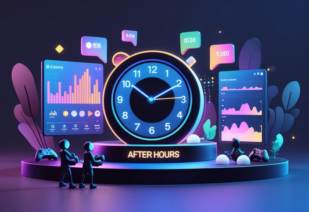 Ilustrasi jam digital dengan ikon aktivitas pemain dan grafik yang menunjukkan waktu terbaik untuk bermain berdasarkan data pemain.
