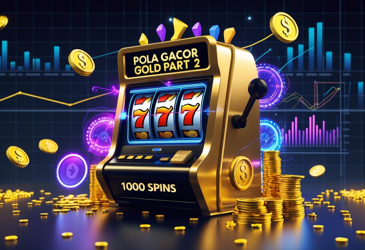 Ilustrasi mesin slot emas dengan grafik dan data yang menggambarkan analisis hasil 1000 putaran simulasi.