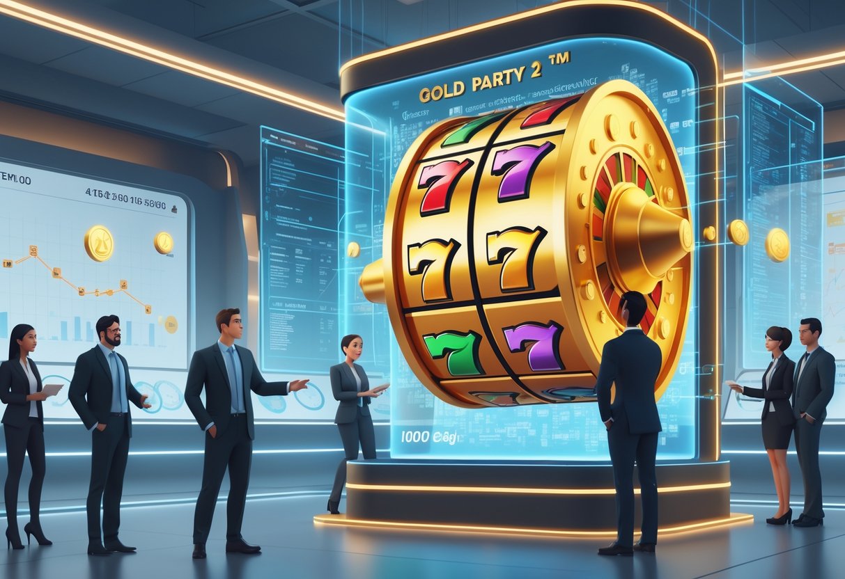 Ruangan kontrol modern dengan layar holografik menampilkan grafik dan pola putaran mesin slot, serta beberapa analis yang sedang mempelajari data.