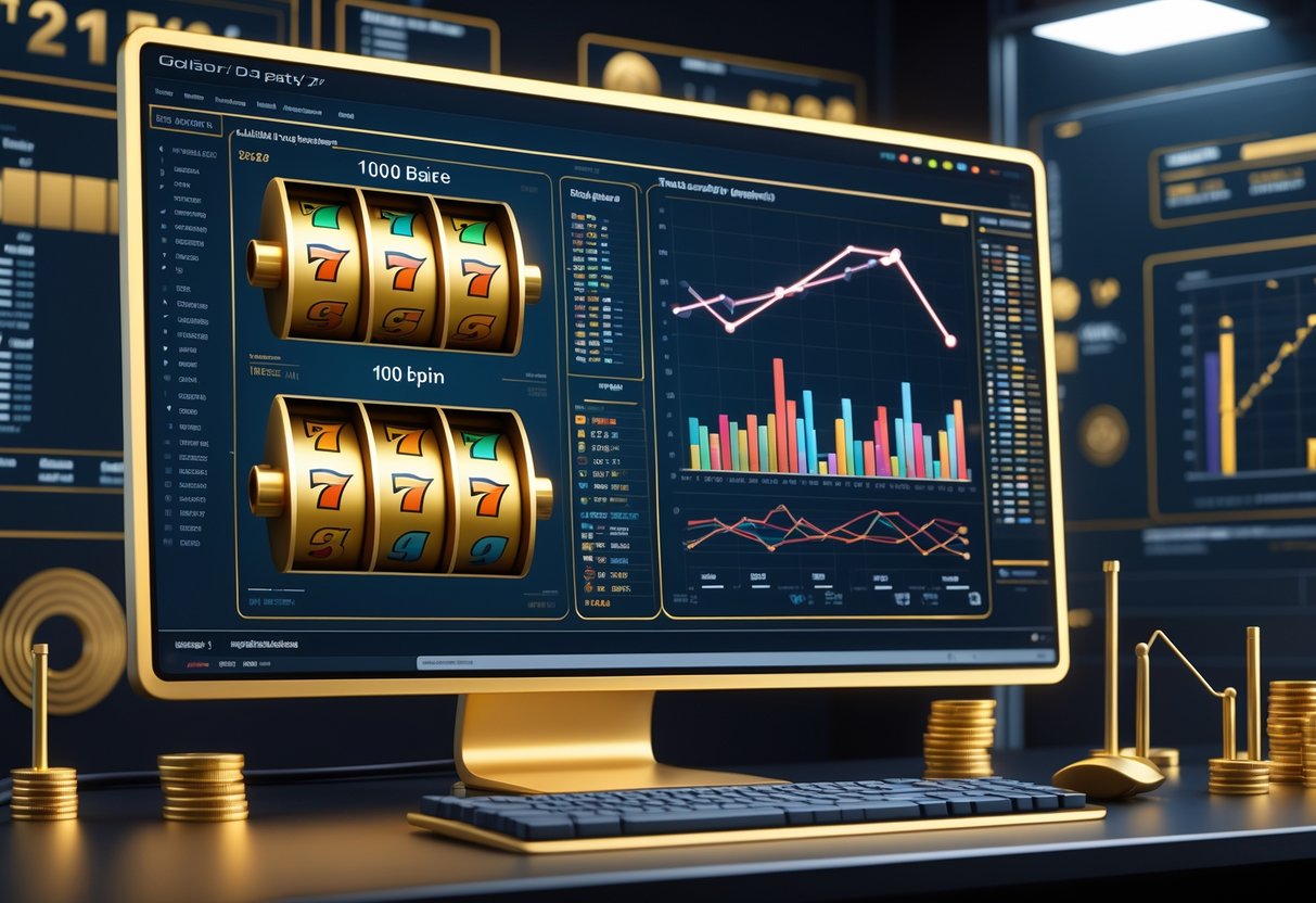 Ilustrasi layar komputer menampilkan grafik dan diagram yang menggambarkan hasil analisis data simulasi 1000 putaran mesin slot dengan tema emas.