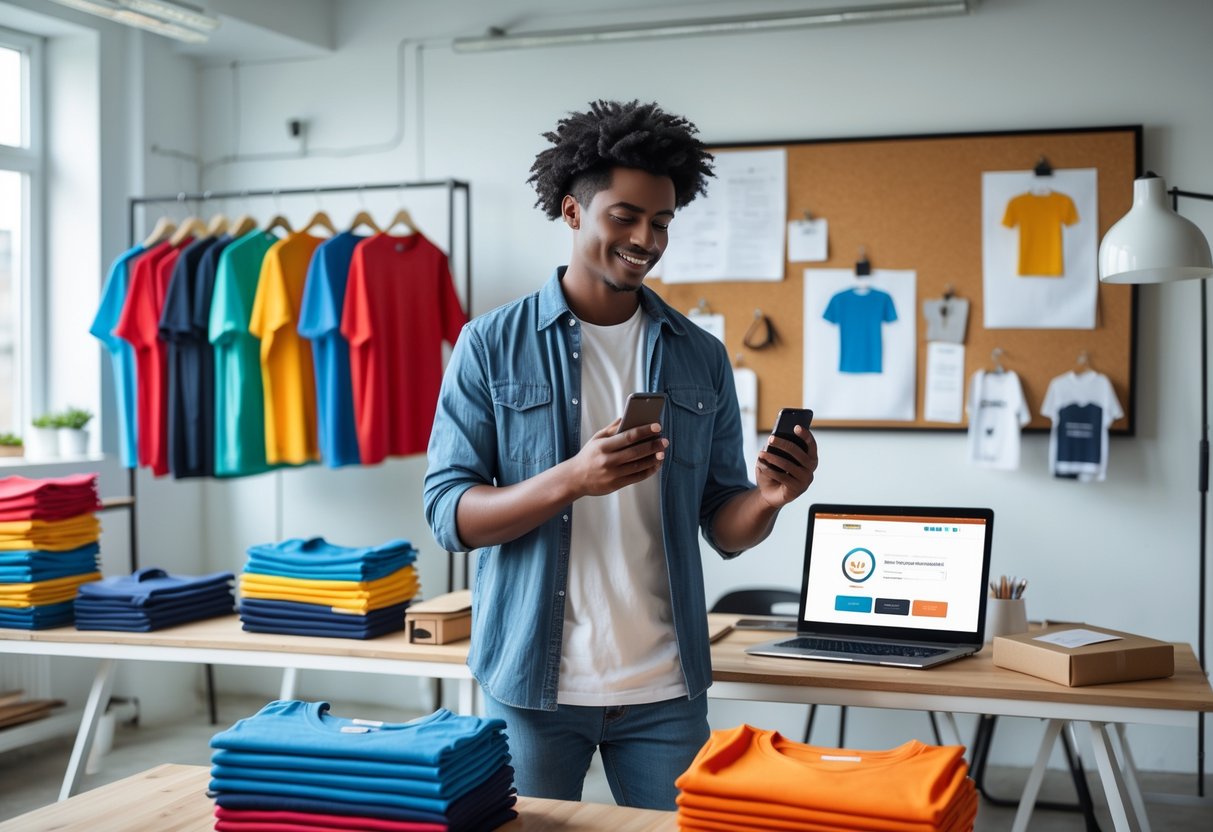 A young business owner in a studio surrounded by colorful t-shirts, holding a smartphone with a laptop and packaging materials nearby.