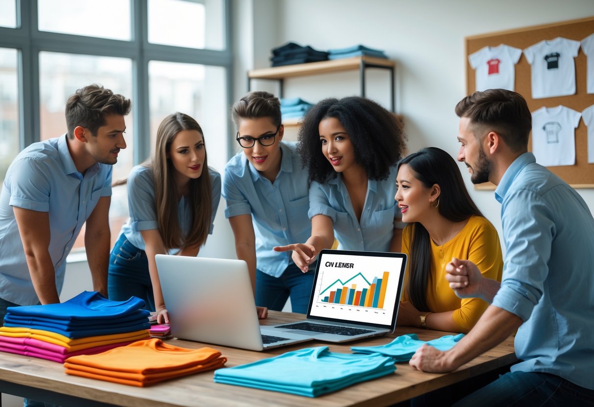 A group of young adults working together around a table with t-shirts and a laptop, discussing business strategies.