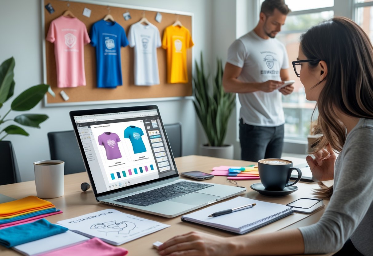 A designer working at a desk with a laptop, sketches, fabric swatches, and printed t-shirt designs on a corkboard in a bright workspace.