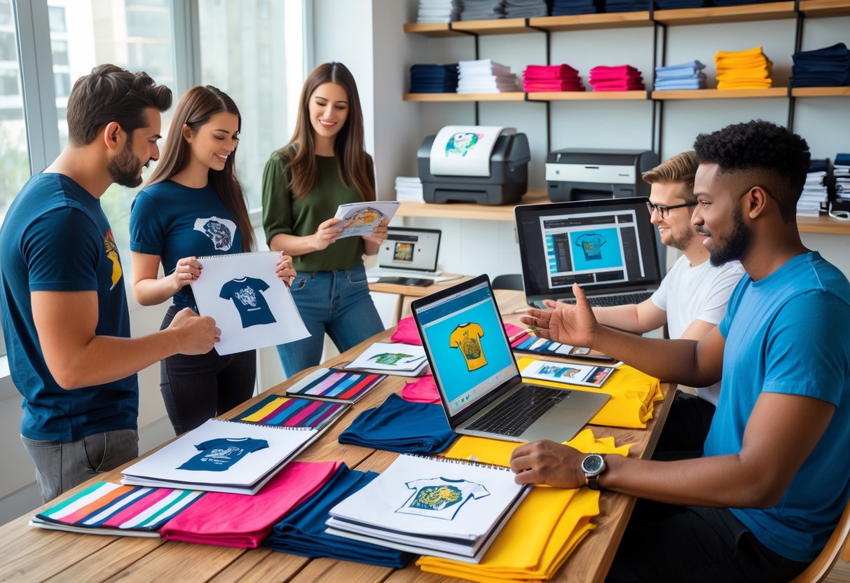 A group of people working together at a table with t-shirt designs, fabric samples, and digital devices in a bright workspace.