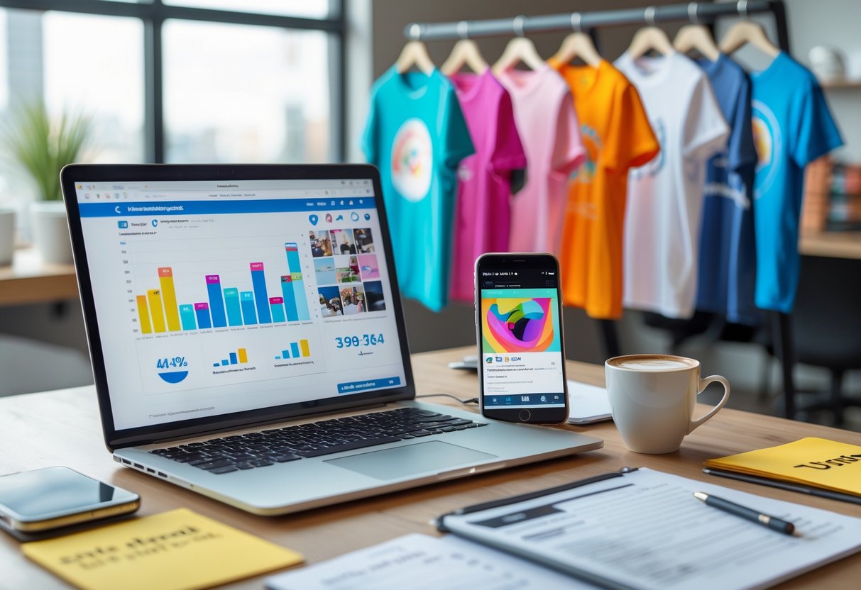 A workspace with a laptop showing social media analytics, a smartphone displaying a t-shirt post, and a rack of colorful t-shirts in the background.