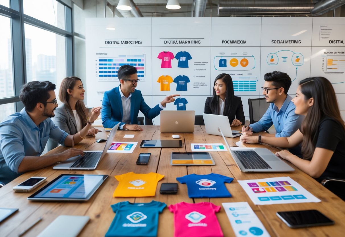 A group of people working together around a table with laptops and t-shirt designs, discussing marketing strategies in an office.