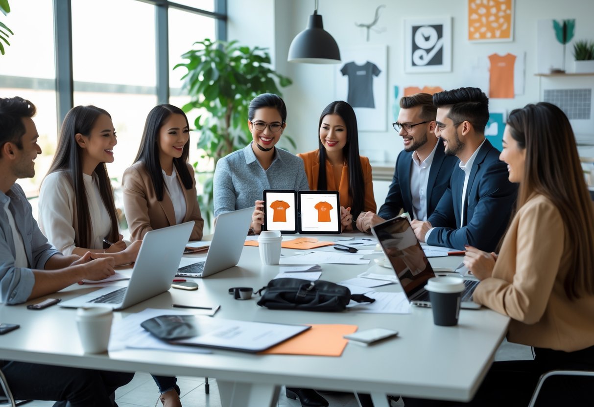 A group of diverse professionals in a bright office discussing t-shirt designs around a conference table.