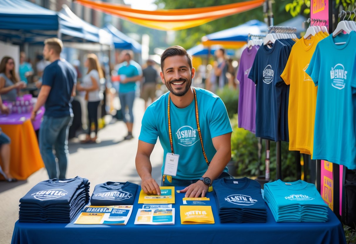 A small business owner setting up a t-shirt booth at an outdoor market with customers browsing nearby.