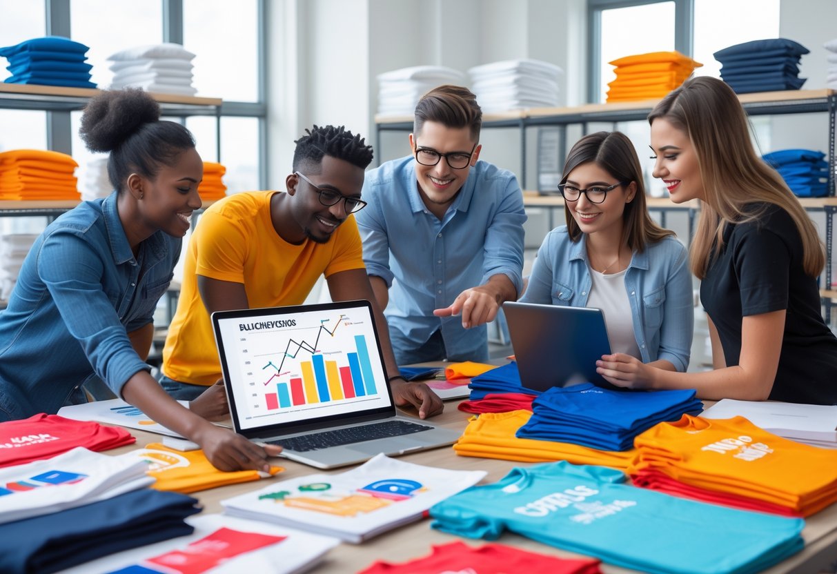 A group of people working together around a table with t-shirts, laptops, and marketing materials in a bright office.