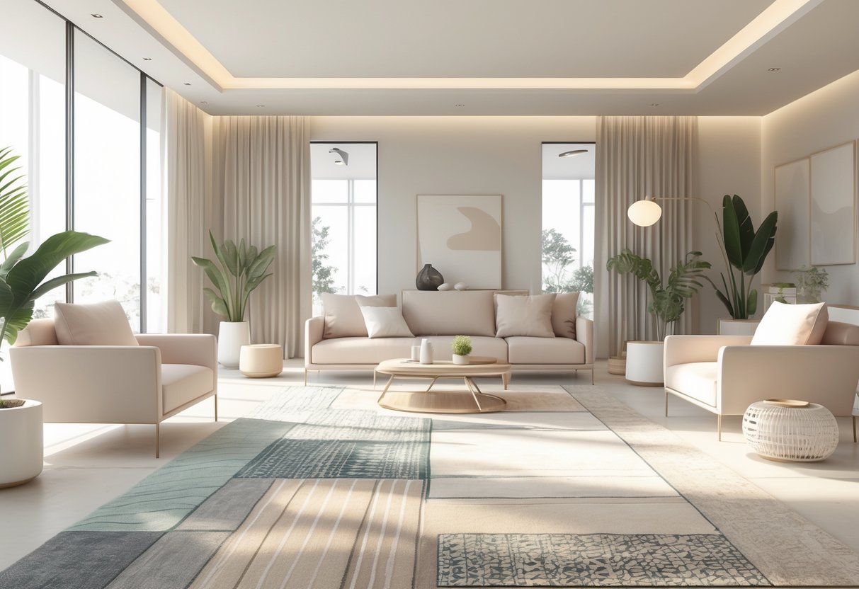 Un salon lumineux avec des tapis modernes aux motifs géométriques, des meubles minimalistes et des éléments futuristes intégrés dans la décoration.