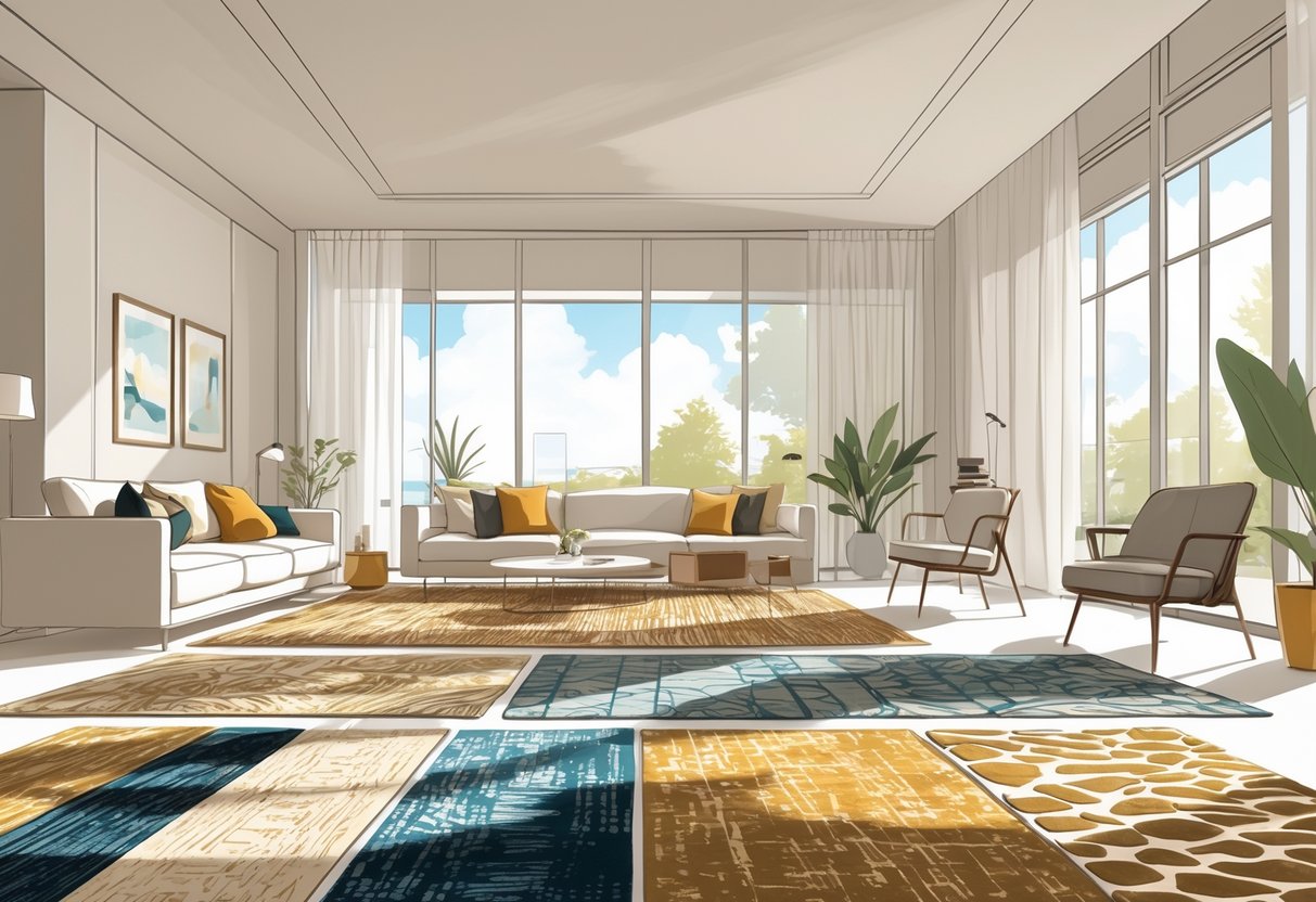 Une pièce de vie moderne avec plusieurs tapis élégants posés sur le sol, meubles contemporains et grandes fenêtres laissant entrer la lumière naturelle.