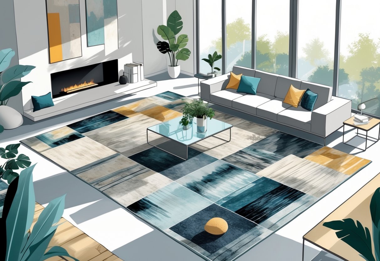 Un salon moderne lumineux avec plusieurs tapis tendance en premier plan, mobilier minimaliste et plantes décoratives.