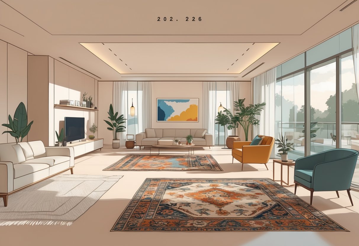 Une pièce de vie lumineuse avec plusieurs tapis de styles différents intégrés dans différents espaces décoratifs.