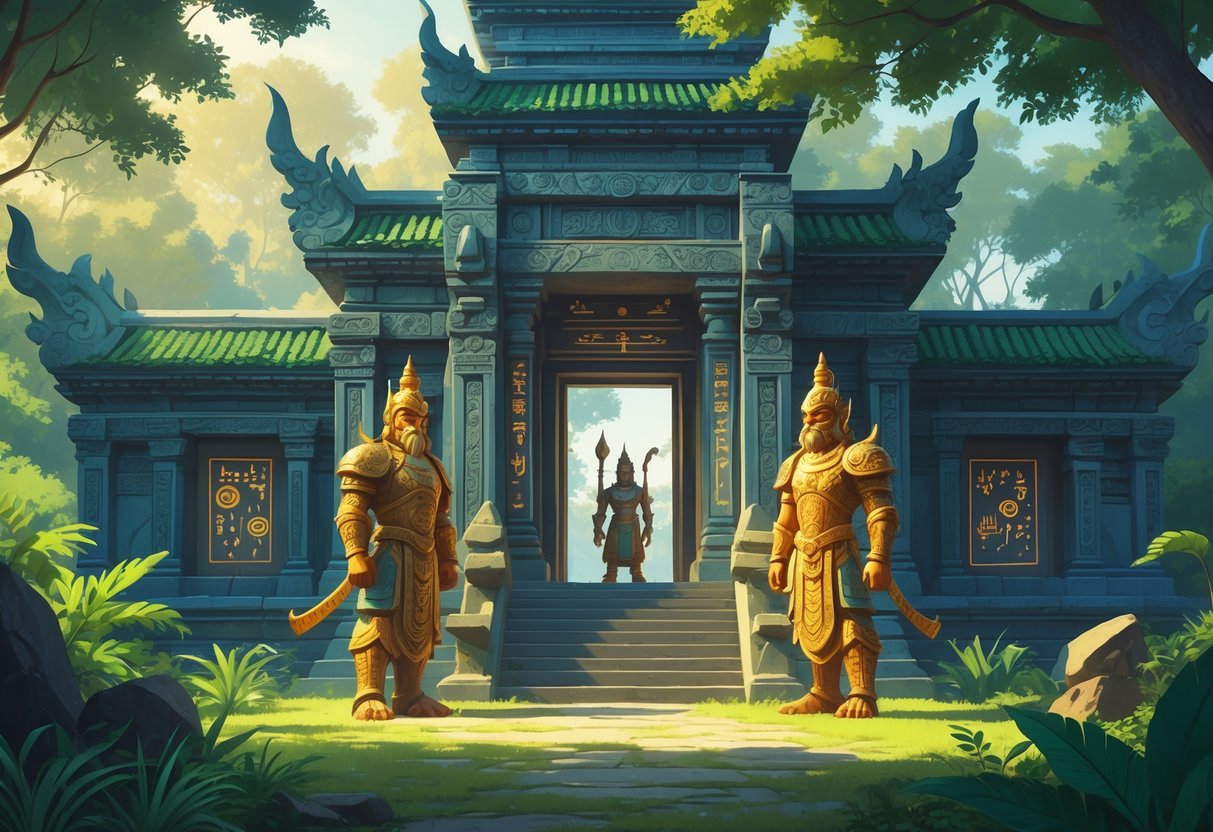 Patung penjaga kuno berdiri di depan sebuah kuil besar yang dikelilingi oleh pepohonan hijau.