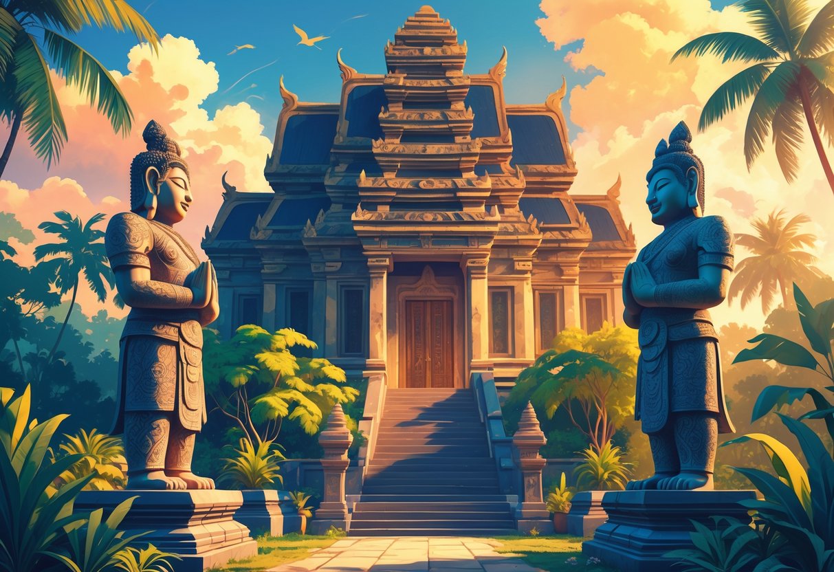 Sebuah kuil megah dengan dua patung penjaga berdiri di depannya, dikelilingi oleh tanaman tropis yang rimbun.