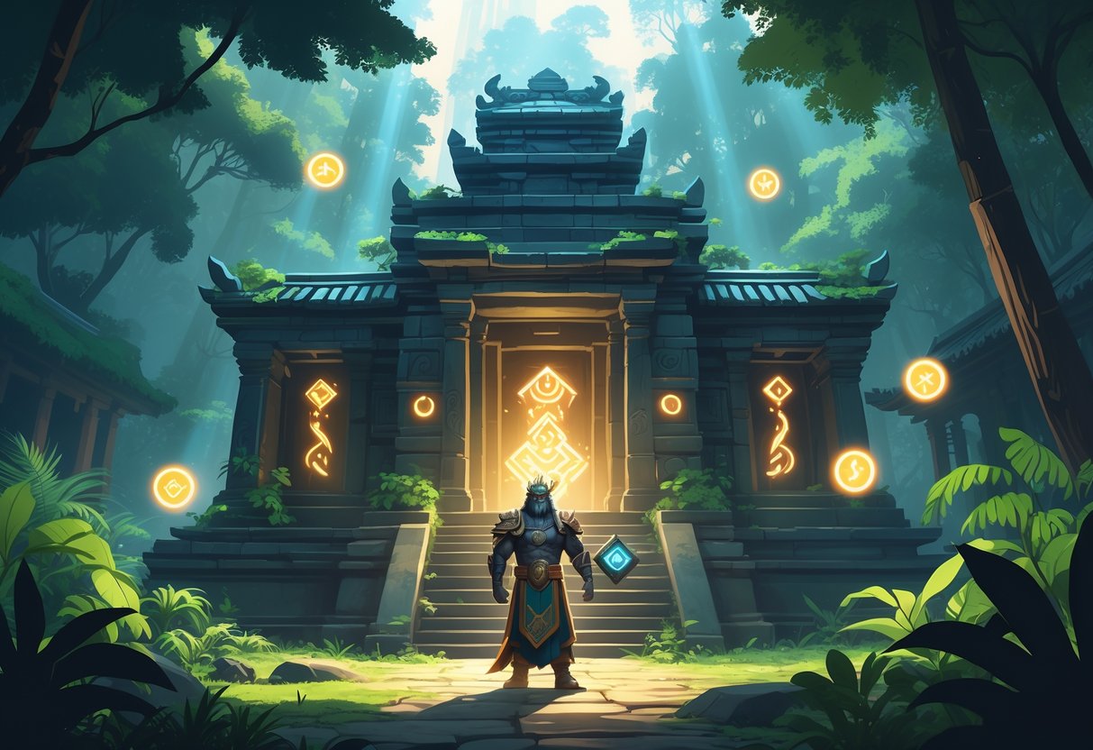 Ilustrasi sebuah kuil kuno dengan patung penjaga bersenjata di depan, dikelilingi oleh hutan lebat dan simbol bercahaya yang melayang di sekitar pintu masuk kuil.