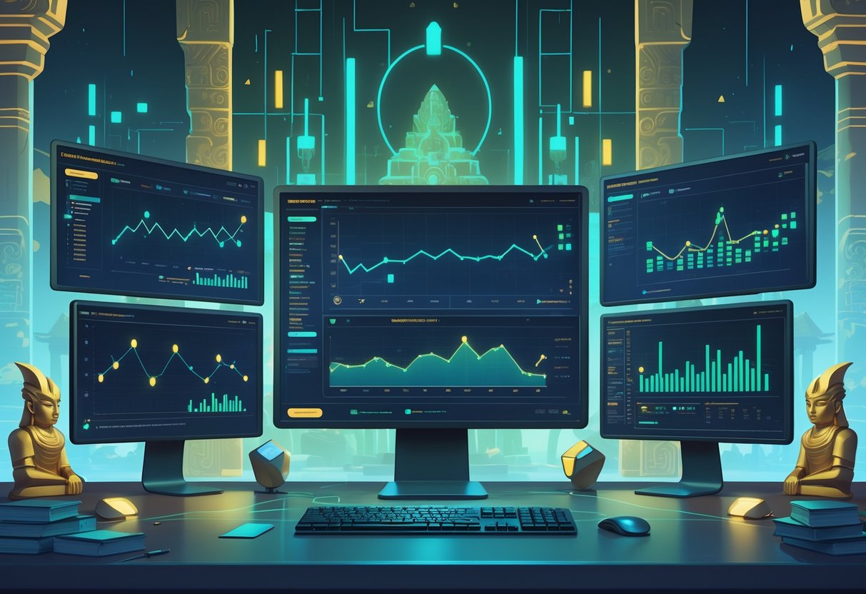 Suasana ruang kerja modern dengan layar digital menampilkan grafik dan data kinerja pemain Temple Guardians serta pola peluang RTP hari ini, dengan latar belakang motif kuil kuno dan patung penjaga.