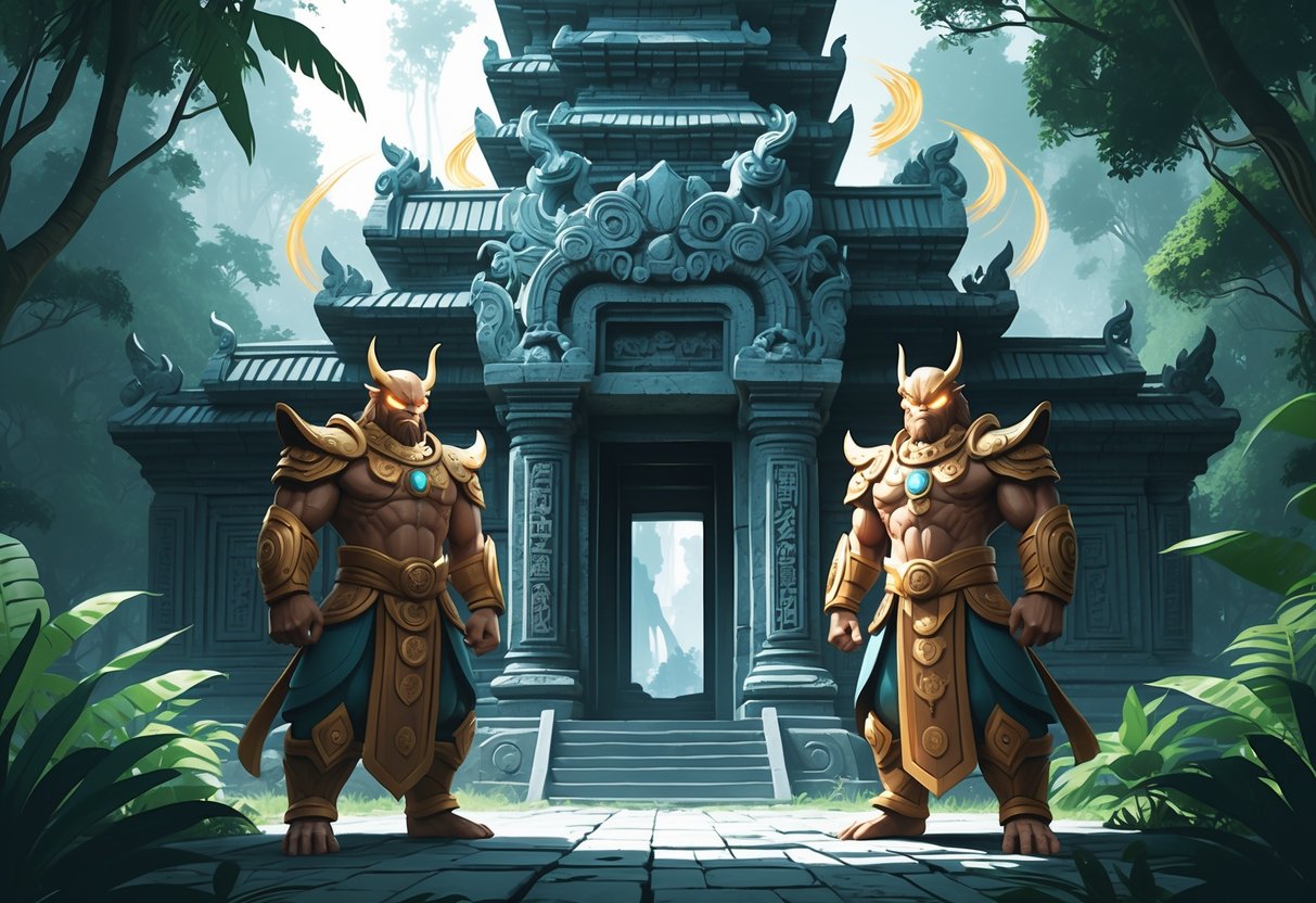 Dua penjaga kuil berdiri di depan pintu masuk kuil kuno yang dikelilingi oleh tanaman rimbun.