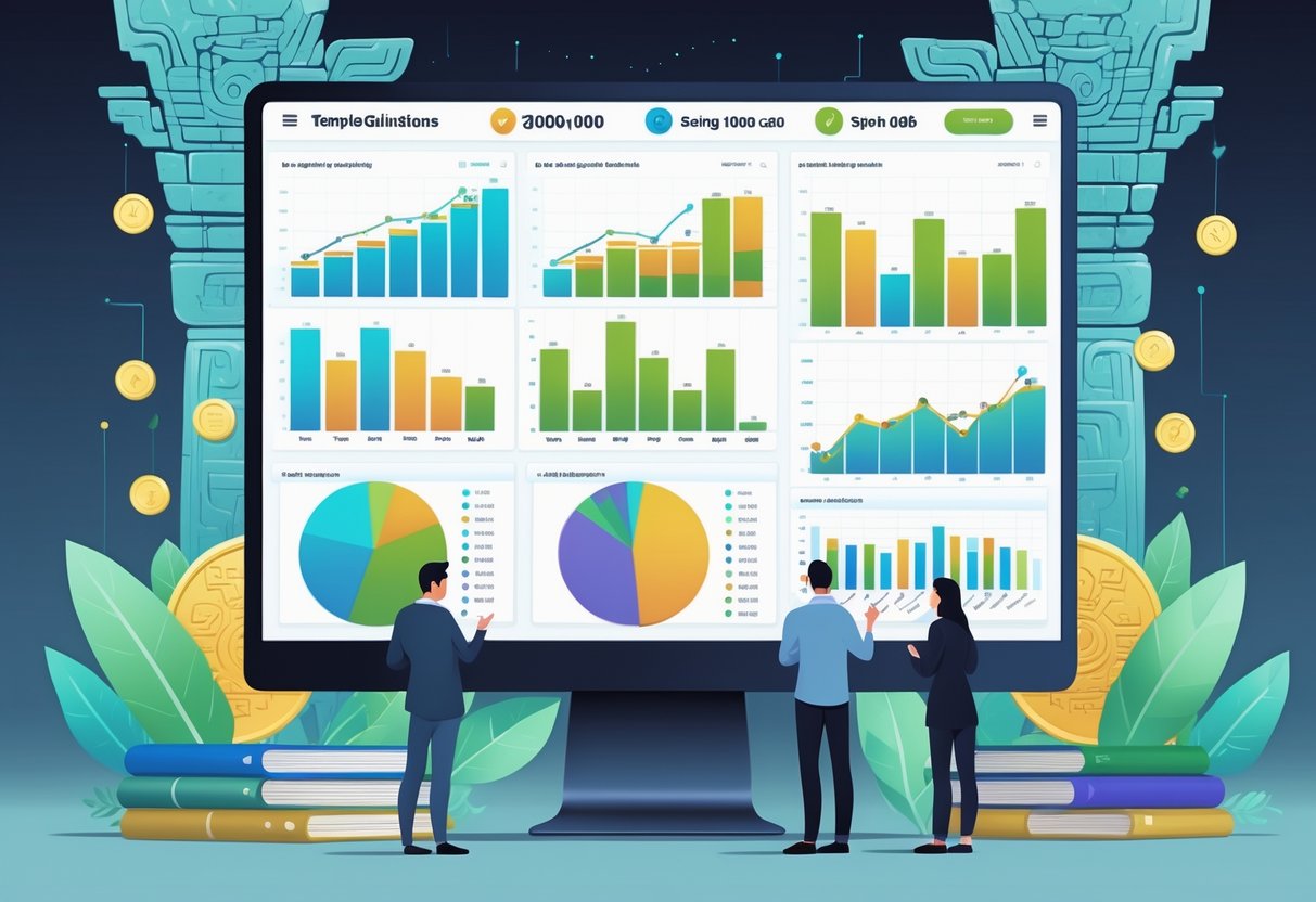 Ilustrasi profesional yang menunjukkan analisis data hasil simulasi 1000 putaran permainan Temple Guardians dengan grafik dan orang yang sedang mempelajari data.