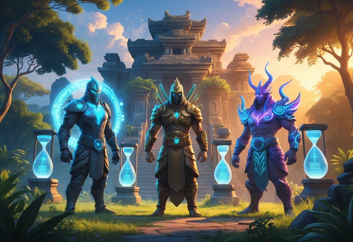 Tiga penjaga mistis berdiri di depan sebuah candi kuno di tengah hutan dengan cahaya matahari keemasan, menggambarkan waktu terbaik berdasarkan data pemain asli.