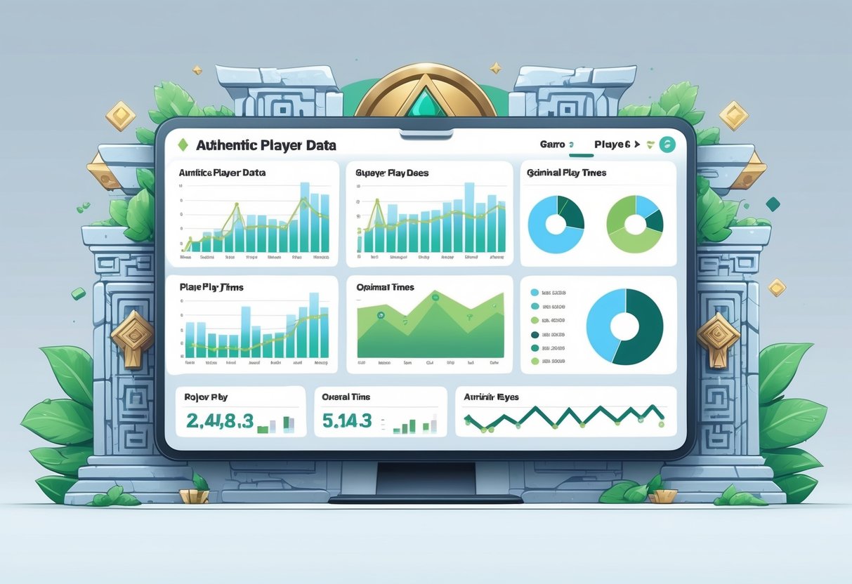 Infografis profesional yang menampilkan grafik dan diagram tentang data pemain asli dan waktu terbaik bermain Jam Gacor Temple Guardians.