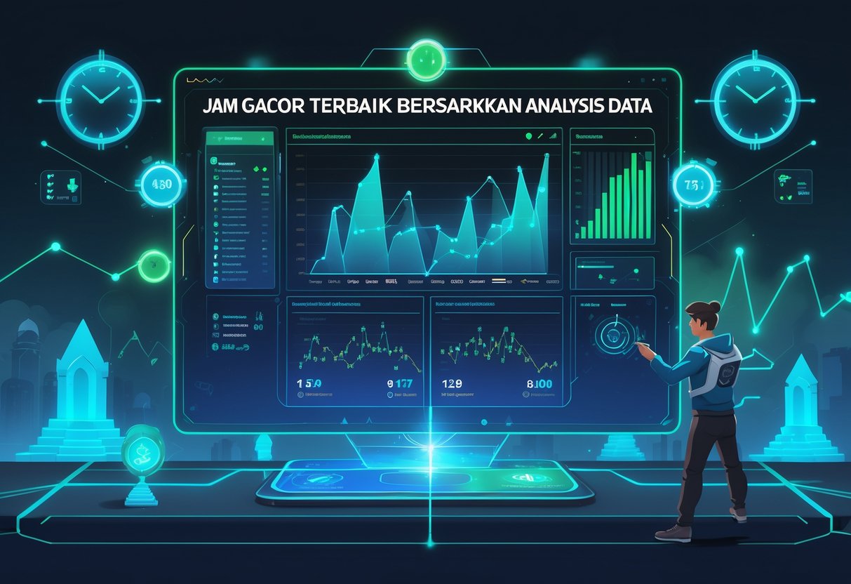 Seorang analis sedang melihat data waktu terbaik bermain Temple Guardians™ dengan grafik dan ikon kuil di latar belakang.