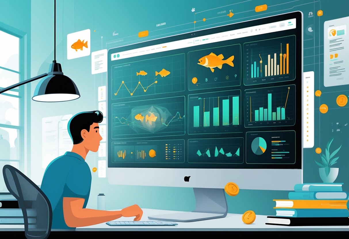 Seseorang sedang mempelajari grafik dan pola di layar digital yang menampilkan ikon ikan bass dan sarung tinju di ruang kerja modern.