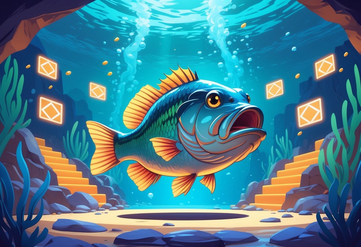 Ilustrasi ikan bass besar di lingkungan bawah air dengan elemen mekanisme dan pola permainan bonus yang menggambarkan fitur Big Bass Boxing Bonus Round.
