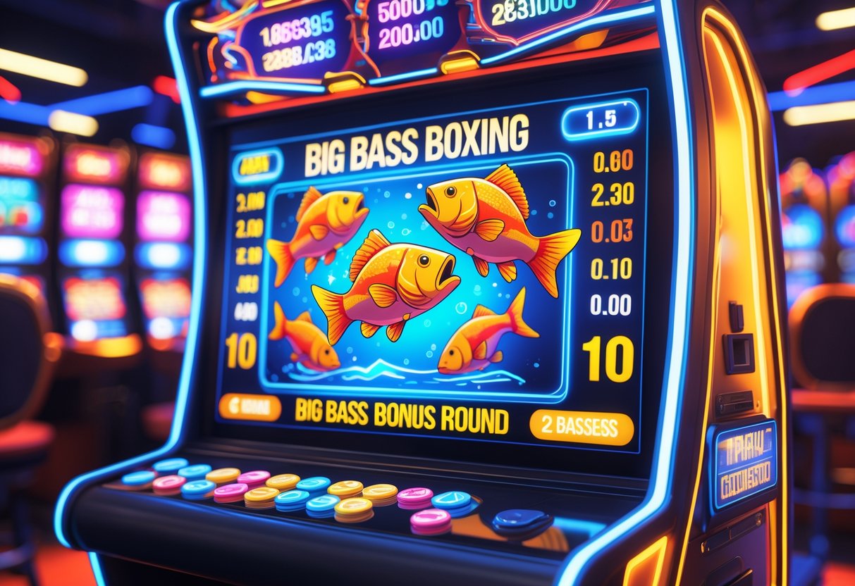 Ilustrasi mesin permainan kasino dengan animasi ikan dan sarung tinju, dikelilingi oleh angka dan grafik yang menunjukkan data dan dampak hasil permainan.