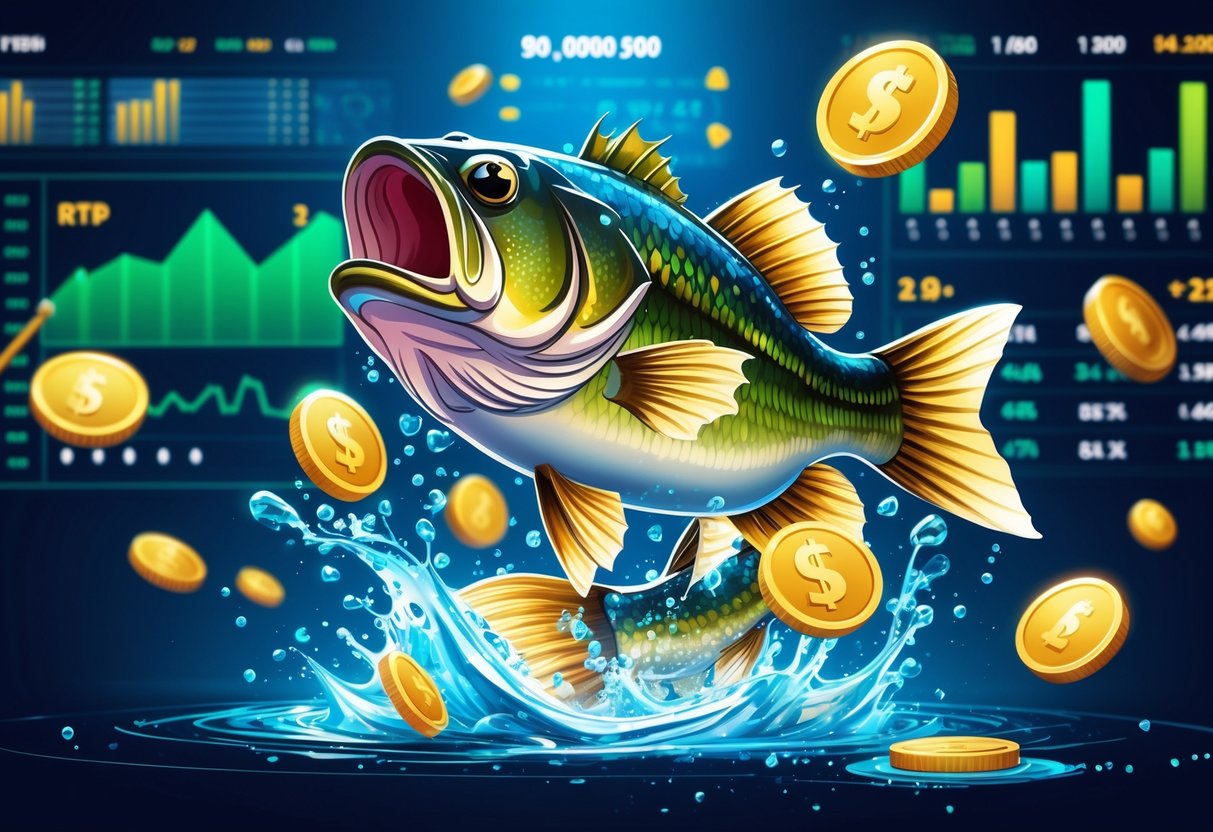 Ikan bass besar dengan sarung tinju melompat dari air di tengah suasana permainan kasino dengan simbol bonus dan angka statistik yang menyatu di latar belakang.