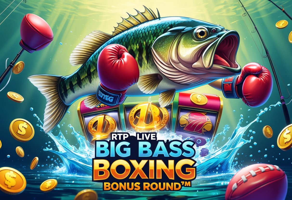 Ikan bass besar mengenakan sarung tinju melompat dari air dengan elemen mesin slot di sekitarnya, termasuk gulungan berputar dan simbol bertema memancing dan tinju.