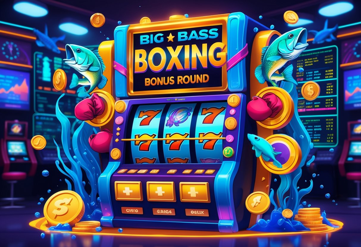 Ilustrasi mesin slot bertema ikan bass besar dan tinju dengan latar belakang grafik data dan suasana kasino yang cerah dan dinamis.