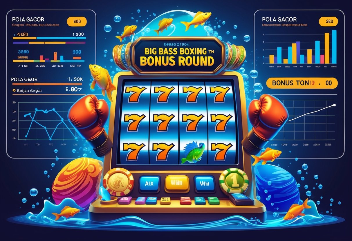 Ilustrasi profesional yang menampilkan mesin slot bertema memancing dan tinju dengan grafik data dan pola kemenangan dari simulasi 1000 putaran.