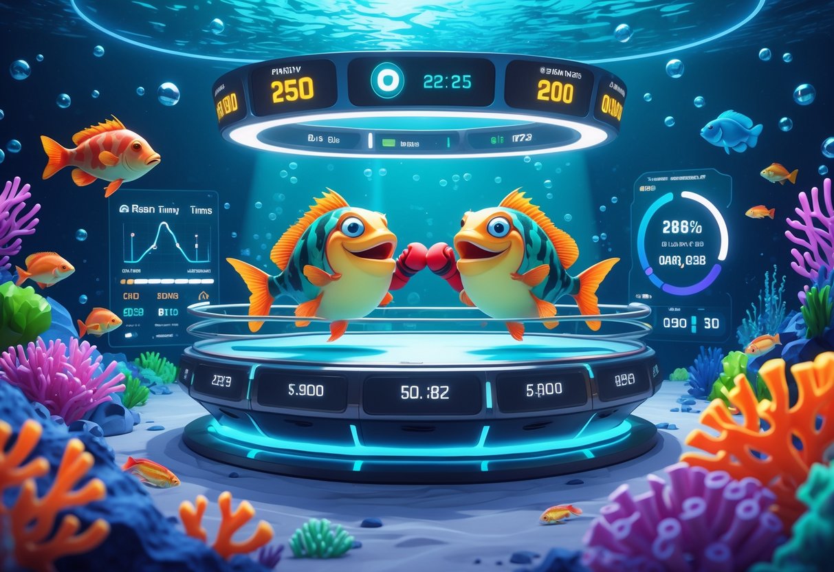 Adegan bawah laut dengan dua ikan bertarung di ring tinju mengapung, dikelilingi terumbu karang dan elemen digital yang menampilkan statistik pemain.