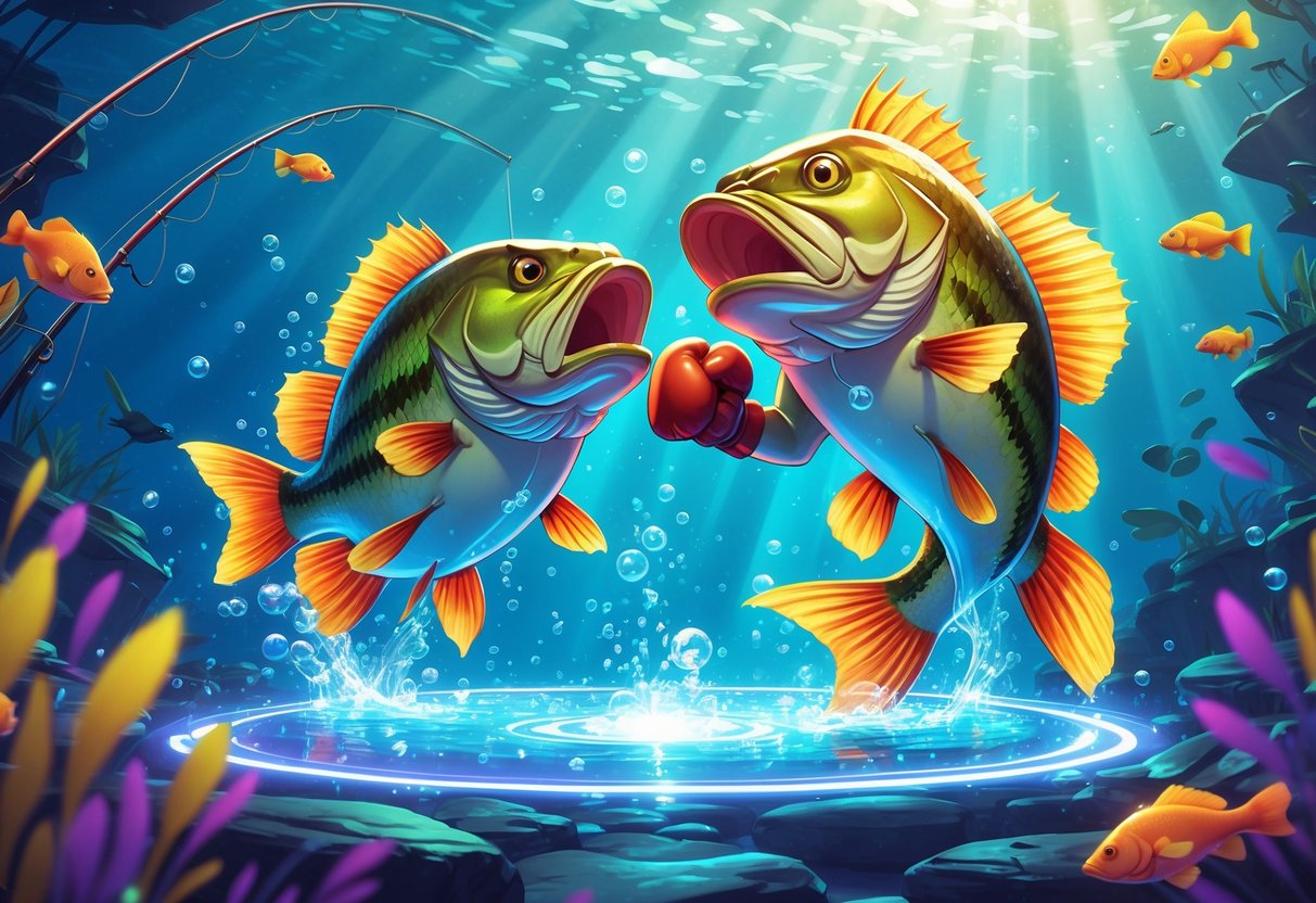 Seekor ikan bass besar mengenakan sarung tinju sedang bertarung di arena bawah air dengan latar penuh gelembung dan peralatan memancing, menampilkan suasana permainan bonus yang seru.