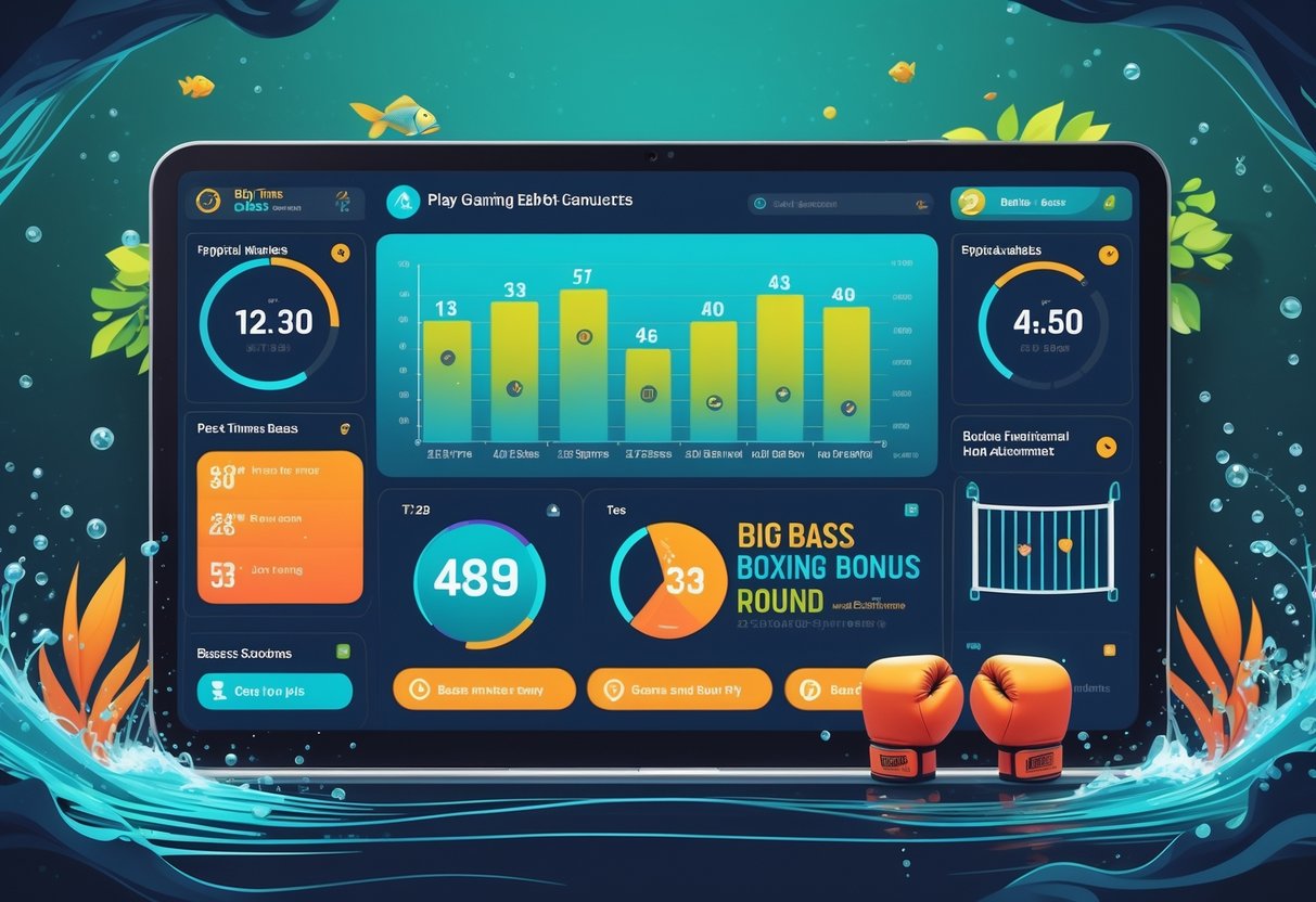 Antarmuka permainan dengan grafik dan ikon ikan bass besar serta sarung tinju, menampilkan statistik pemain dan waktu terbaik bermain hari ini.
