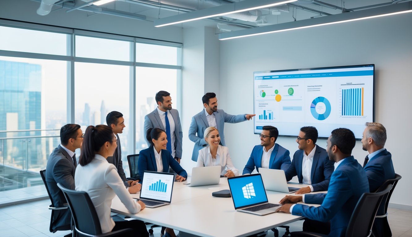 A diverse group of business professionals having a meeting around a conference table with laptops and tablets, discussing a project in a modern office.