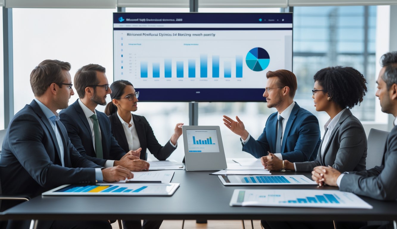 Business professionals discussing documents and digital charts in a modern office meeting room.