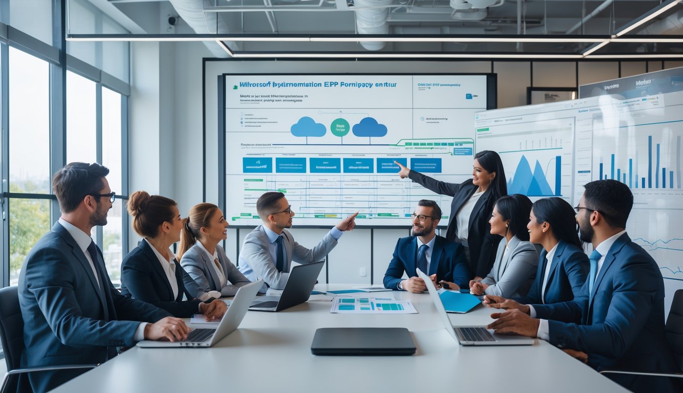 Business professionals in a meeting room discussing project plans and reviewing charts on a digital screen around a conference table.