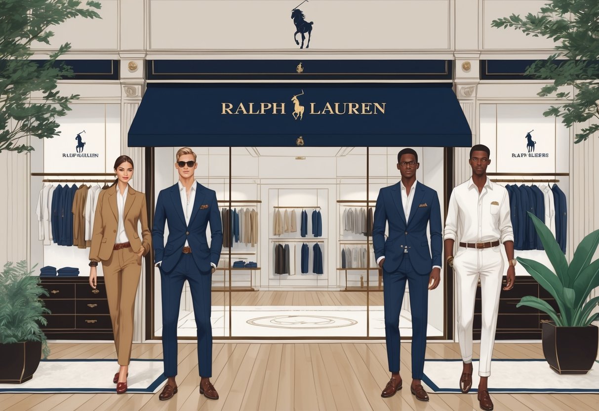 Tampilan butik mewah Ralph Lauren dengan model yang mengenakan pakaian klasik dan elegan di depan toko.