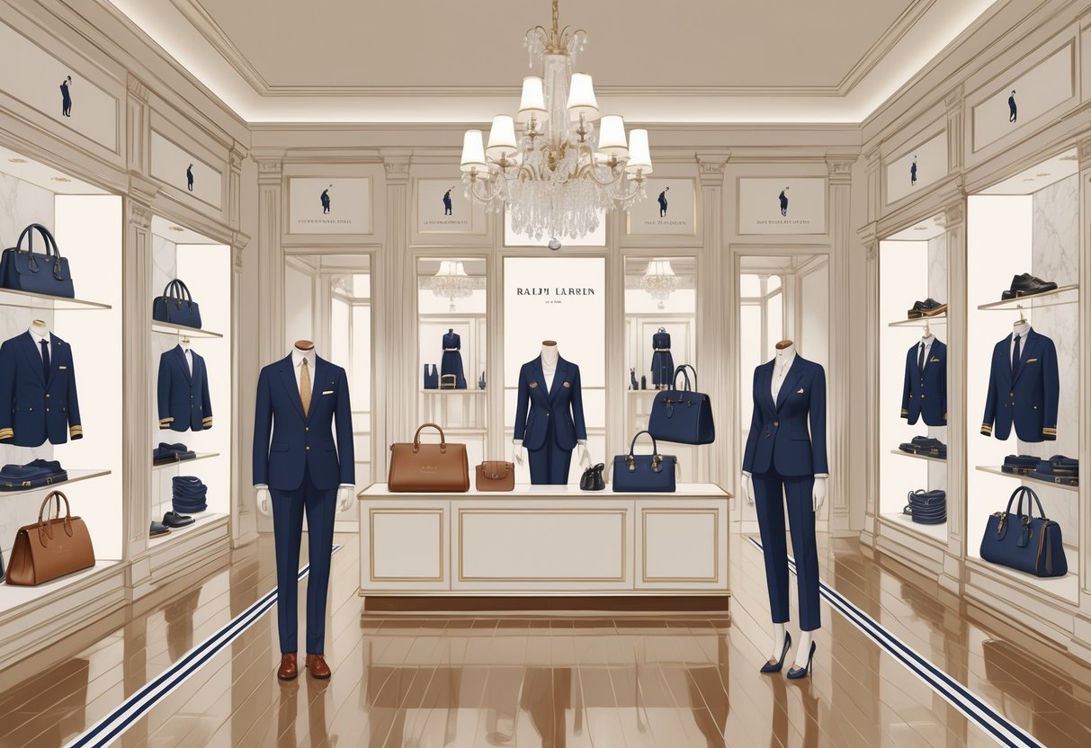 Interior butik mewah dengan pakaian dan aksesori Ralph Lauren yang elegan dan rapi.