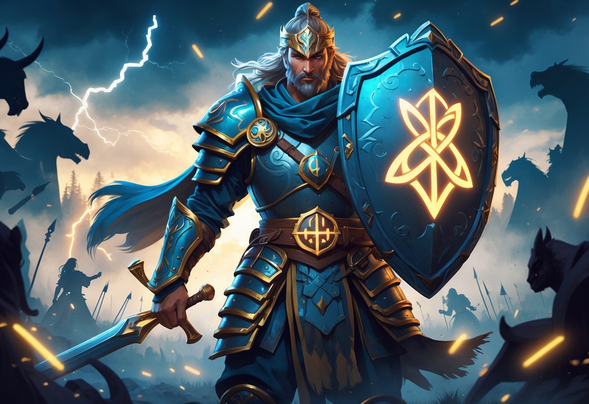 Seorang prajurit bersenjata lengkap memegang perisai besar dengan simbol lambda yang bersinar di medan perang yang dramatis dengan langit badai dan kilatan petir.