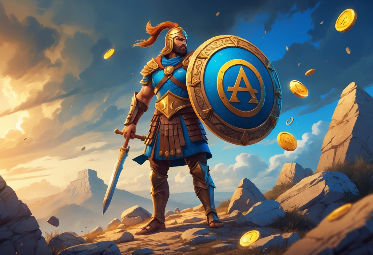 Seorang prajurit berwajah tegas dengan perisai besar berlogo Lambda berdiri di atas batu dengan langit dramatis di latar belakang, dikelilingi koin emas dan artefak mistis.