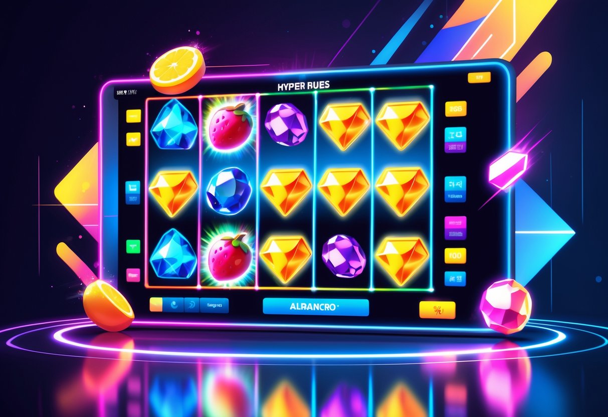 Ilustrasi mesin slot online berwarna cerah dengan simbol buah dan permata yang bersinar, dikelilingi oleh bentuk geometris futuristik dan latar belakang gradien warna.