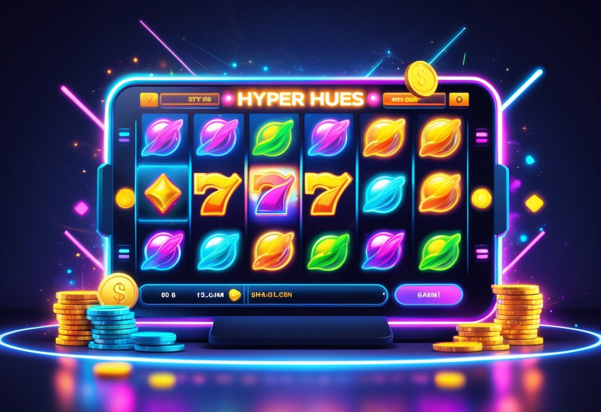 Ilustrasi mesin slot online berwarna-warni dengan simbol-simbol cerah dan latar belakang gelap yang menonjolkan warna-warna neon.