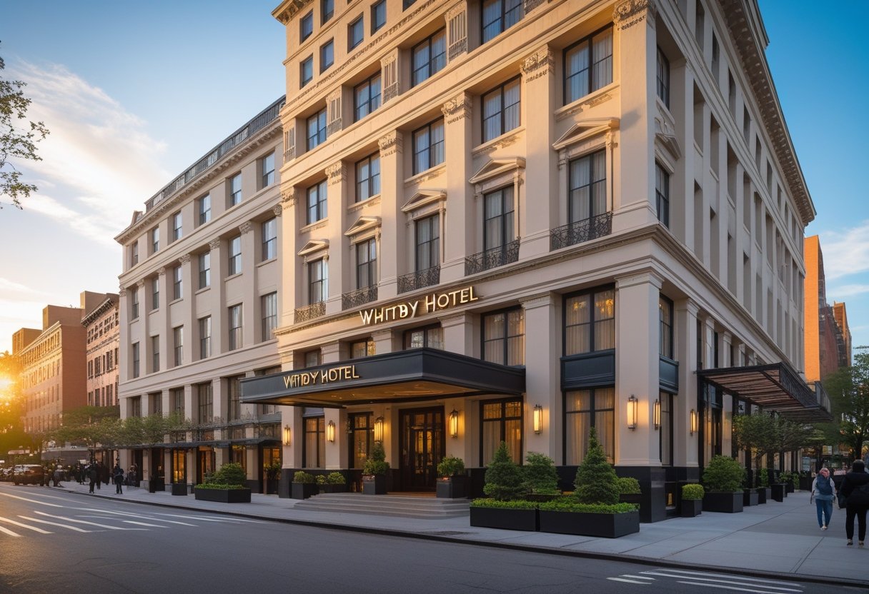 Façade élégante de l'hôtel Whitby à New York avec des passants et des arbres en bordure de rue.