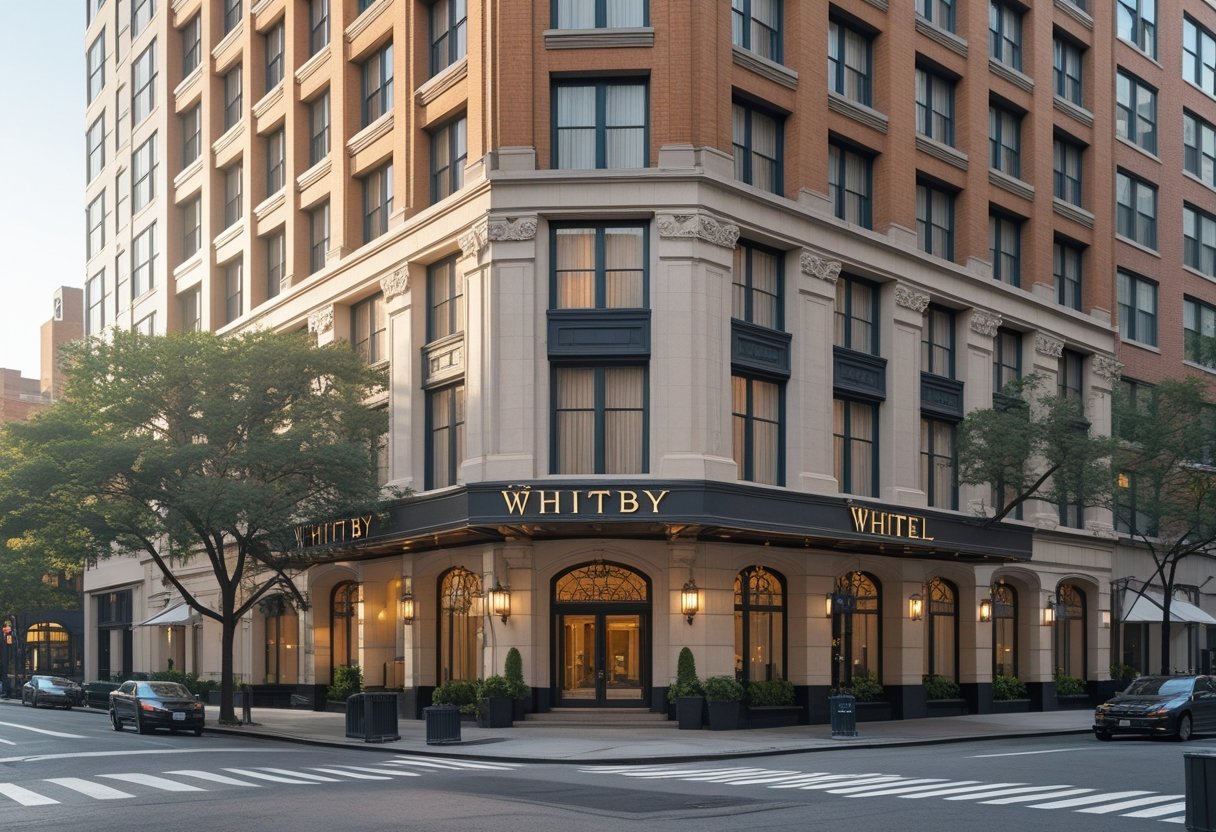 Façade élégante de l'hôtel Whitby à New York avec des détails architecturaux classiques sous un ciel clair.