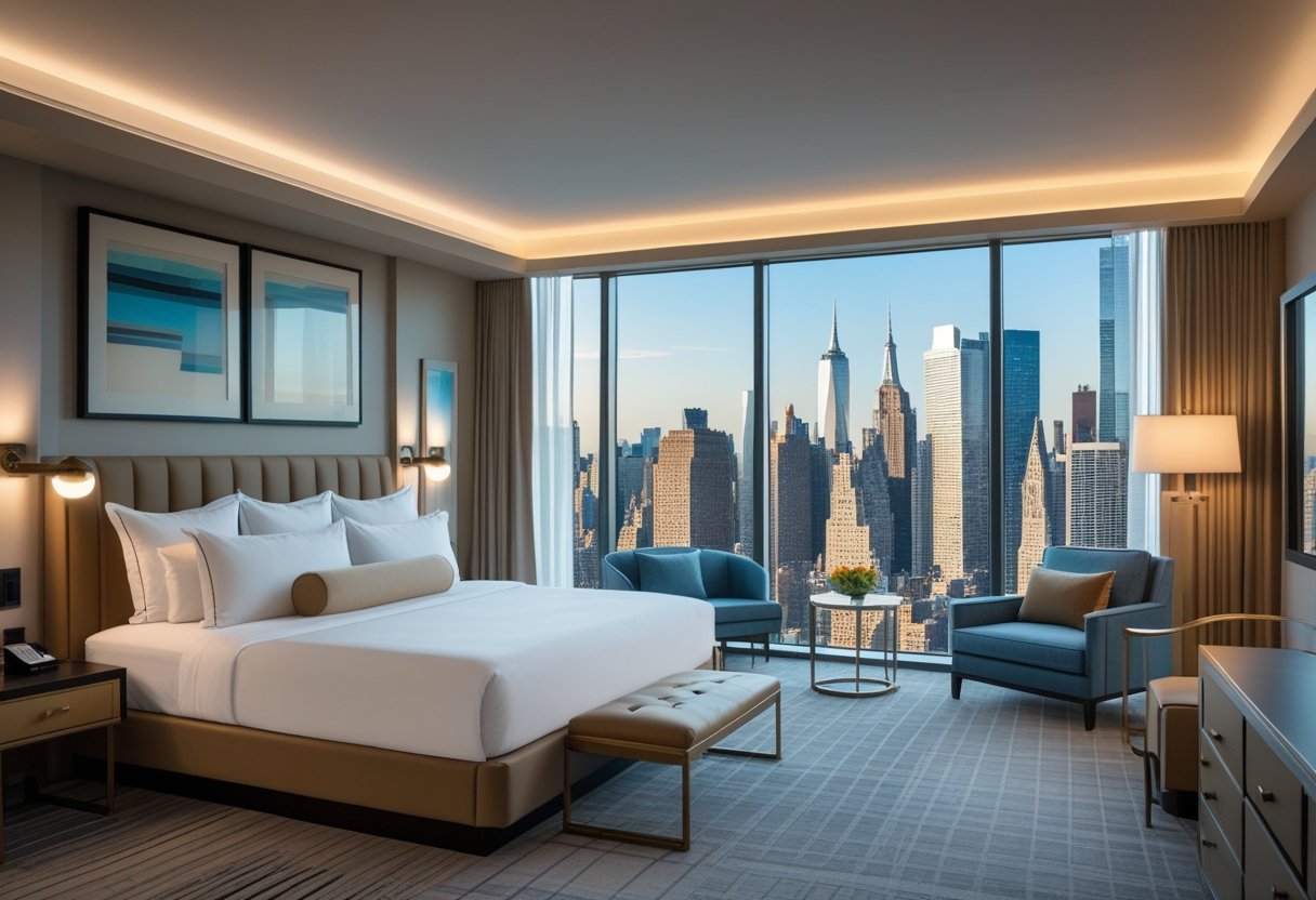 Une chambre d'hôtel spacieuse avec un grand lit, un fauteuil, une table basse et une vue sur la skyline de New York à travers de grandes fenêtres.